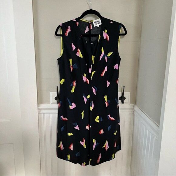 Bimba Y Lola Sleeveless Colorful Geometric Print on Black Dress Size Small - Picture 3 of 15